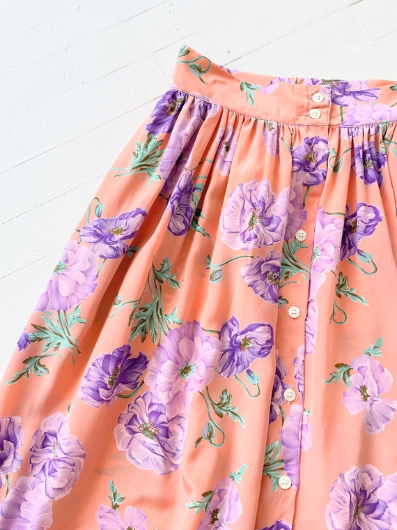 1980s Silk Floral Print Button Down Skirt - image 2