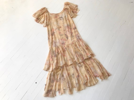 1970s-Does-1920s Silk Chiffon Floral Ruffled Dress