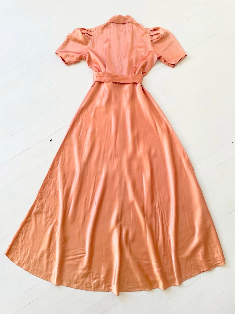1940s Peach Pink Rayon Satin Puff Sleeve Zip Front Dress image 5