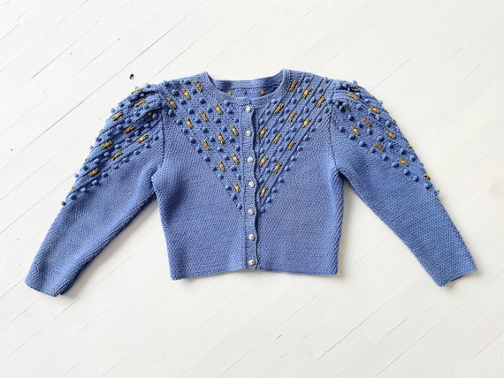 1980s does 1940s Cornflower Blue Embroidered Pom … - image 3