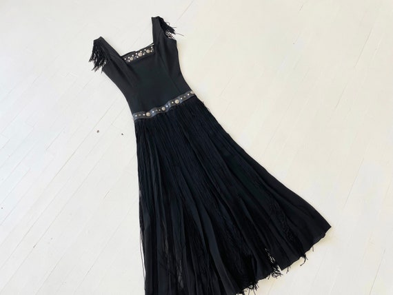 1980s Black Fringe Dress with Stud + Rhinestone Leather Trim