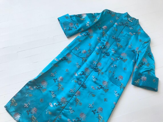 Vintage Asian Turquoise Satin Printed Robe / Duste