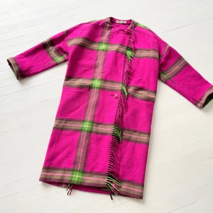 Vintage Pink Green Plaid Wool Coat with Fringe image 1