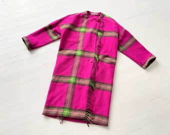 Vintage Pink + Green Plaid Wool Coat with Fringe