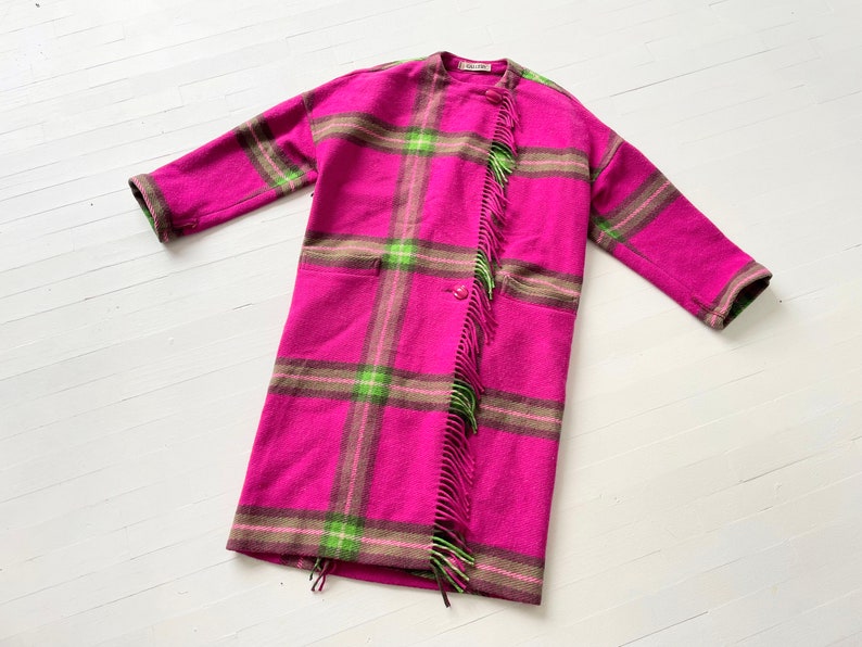 Vintage Pink Green Plaid Wool Coat with Fringe image 1