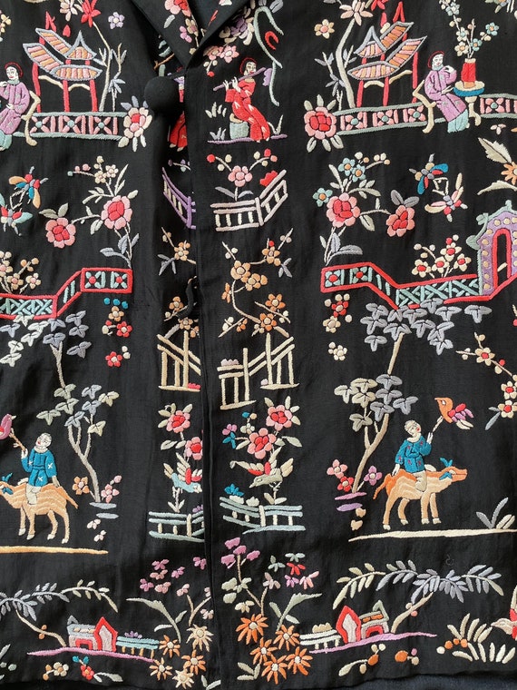 Vintage Embroidered Chinoiserie Black Silk Jacket - image 7