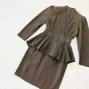 1980s Striped Gold + Black Skirt Suit with Peplum Waist