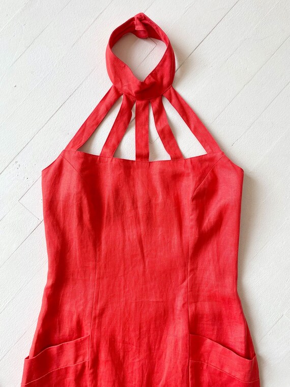 1980s Coral Linen Cage Neck Dress - image 2