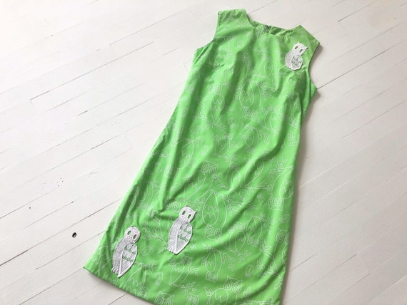 1960s Green Owl Print Minidress