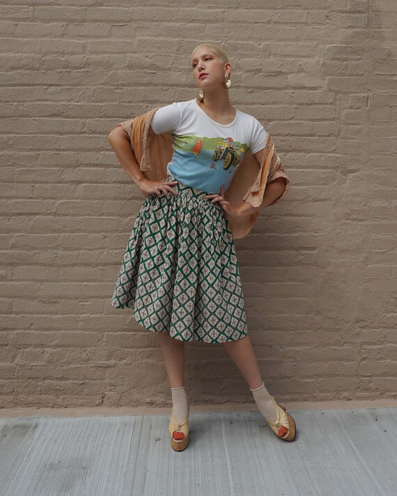 Antique French Calico Green Diamond Print Skirt
