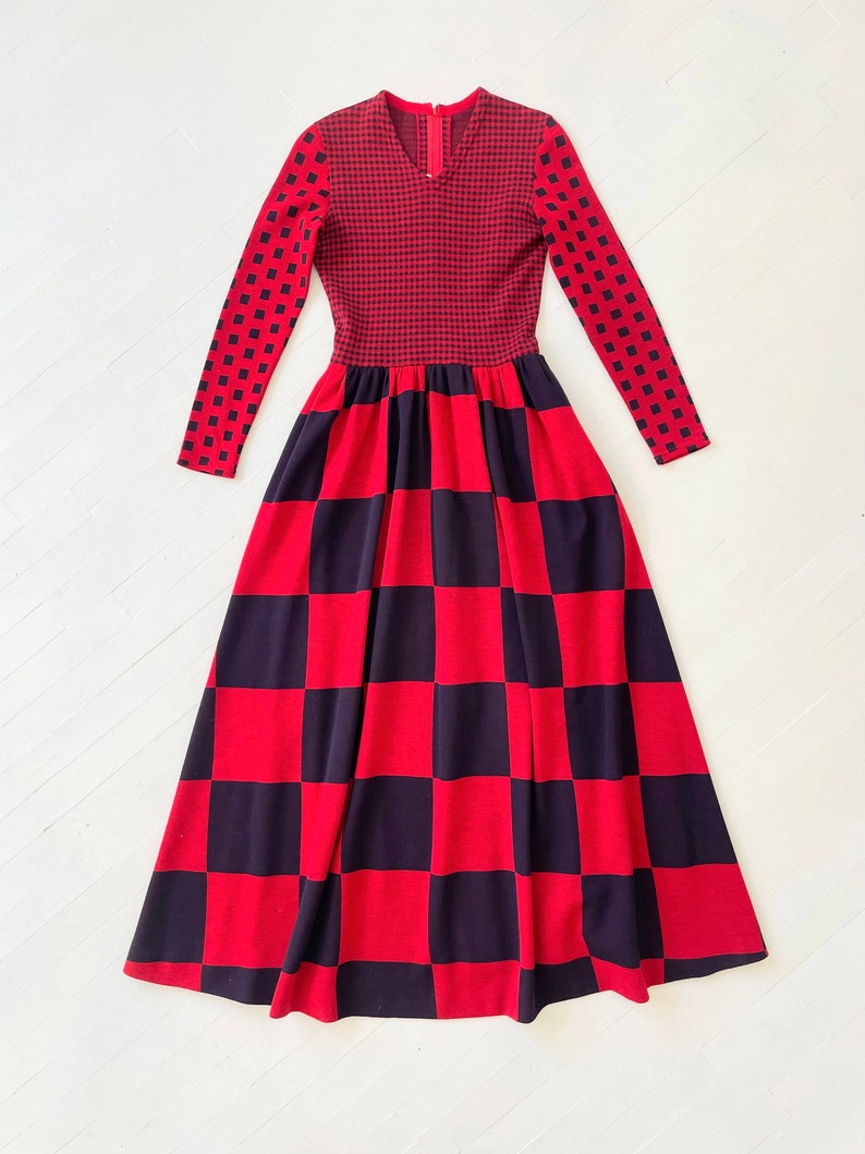 Robe longue en tricot de laine à carreaux rouge et bleu marine Rudi Gernreich années 60 image 3