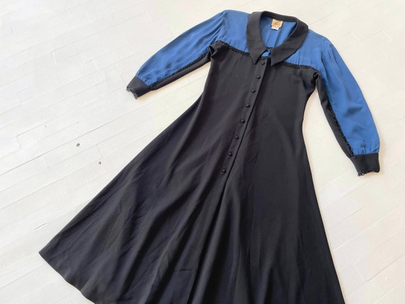 1990s Beaded Black + Blue Button Down Dress - image 1