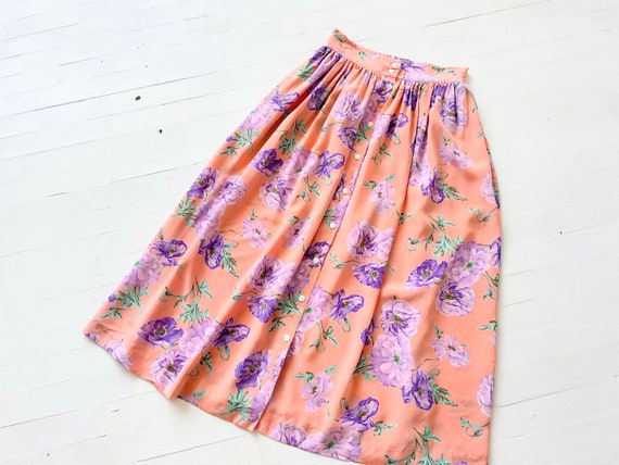 1980s Silk Floral Print Button Down Skirt - image 1