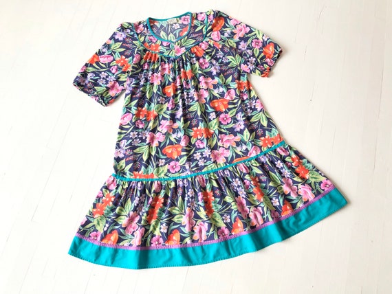 1980s Floral Print Trapeze Dress