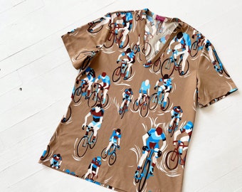 1970s Brown Cyclist Print T-Shirt