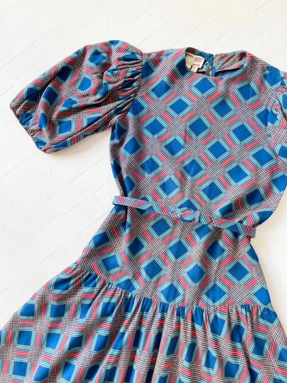 1980s Blue + Red Plaid Belted Puff Sleeve Dress - image 2
