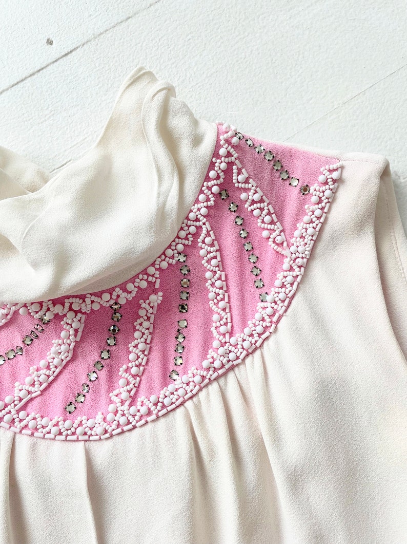 1960s White Pink Dress with Beaded and Rhinestone Collar image 2