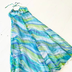 1970s Blue Green Printed Chiffon Halter Neck Maxi Dress with Matching Scarf image 1