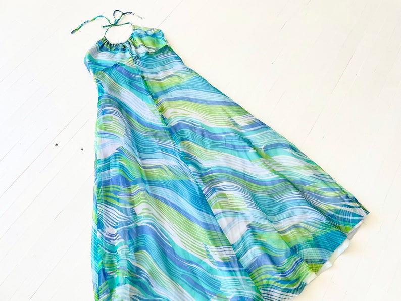 1970s Blue Green Printed Chiffon Halter Neck Maxi Dress with Matching Scarf image 1