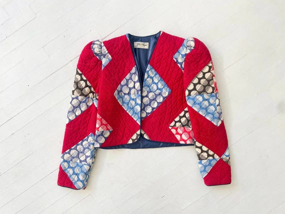 1980s Patchwork Quilted Cropped Jacket – Geometri… - image 3