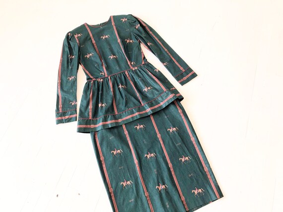 1980s Equestrian Print Peplum Dress