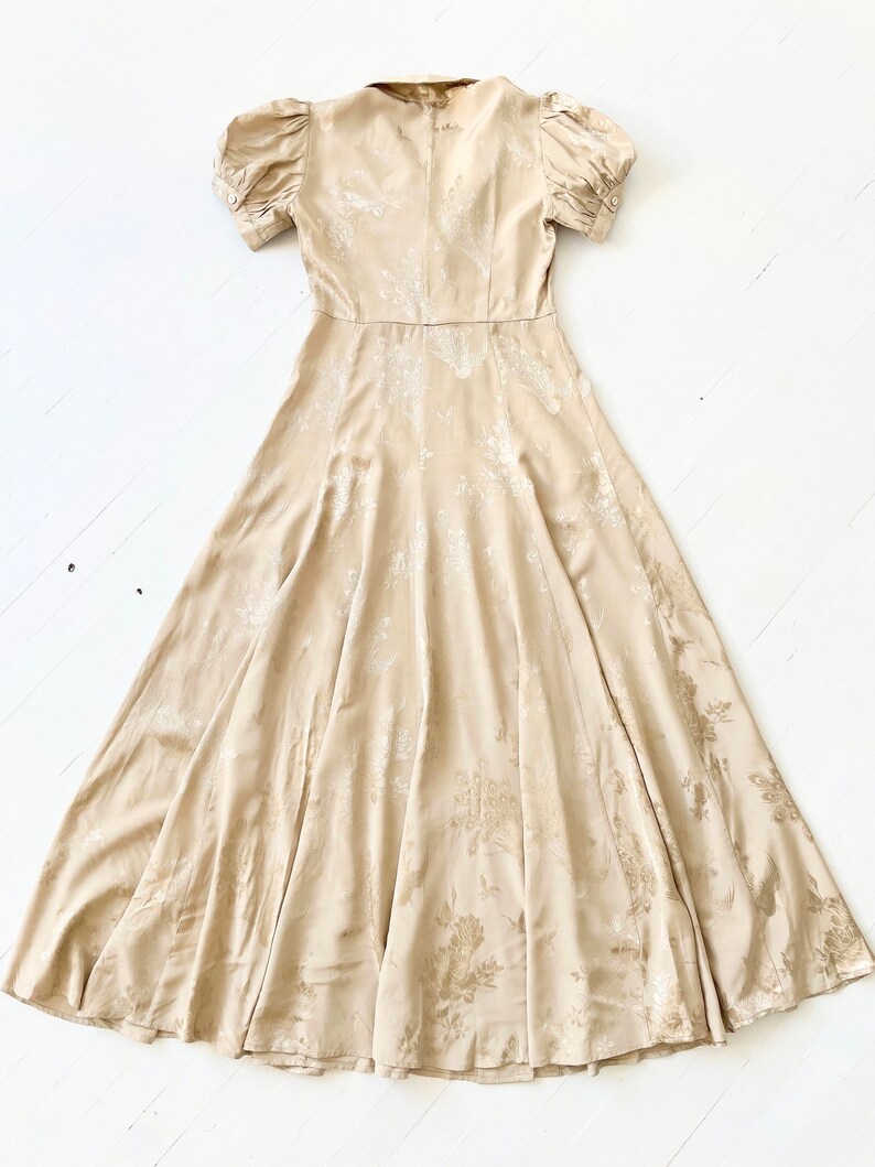 Vintage Gold Satin Jacquard Puff Sleeve Maxi Dress image 4