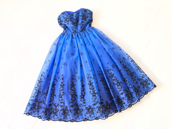 1950s Embroidered Cobalt Party Dress