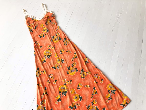 1970s Orange Rose Print Dress