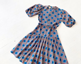 1980s Blue + Red Plaid Belted Puff Sleeve Dress