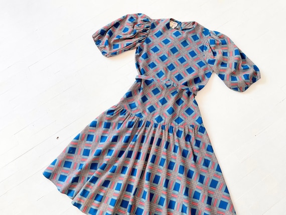 1980s Blue + Red Plaid Belted Puff Sleeve Dress - image 1