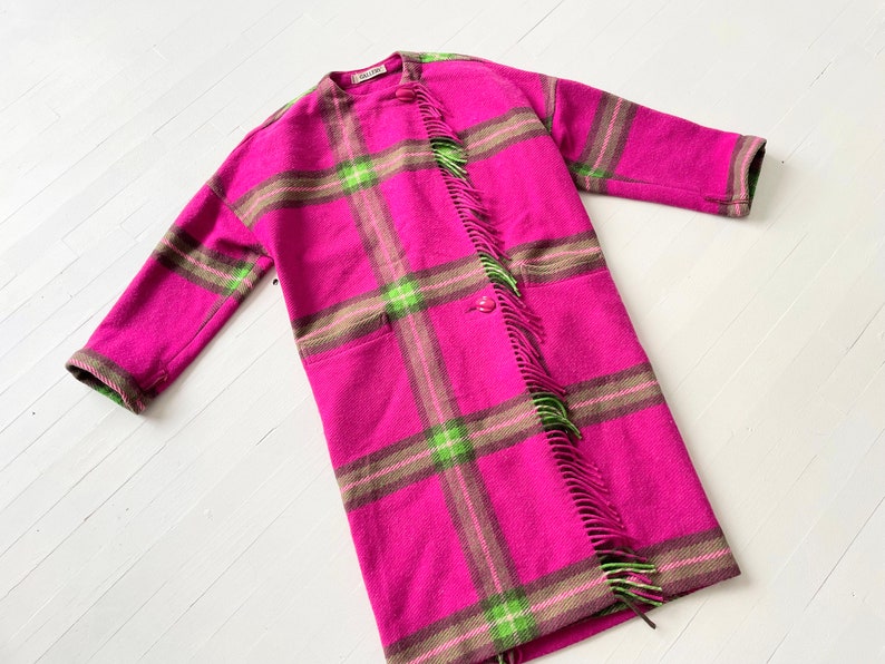 Vintage Pink Green Plaid Wool Coat with Fringe image 8