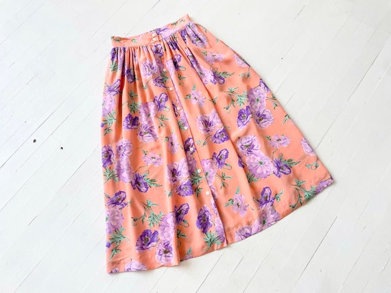 1980s Silk Floral Print Button Down Skirt - image 7