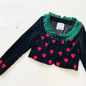 Vintage Moschino Black Velvet Jacket with Embroidered Hearts and Leaf Neckline
