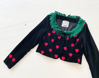 Vintage Moschino Black Velvet Jacket with Embroidered Hearts and Leaf Neckline