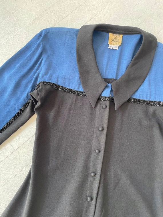 1990s Beaded Black + Blue Button Down Dress - image 2