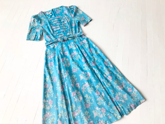 1980s Laura Ashley Teal Blue Floral Dress
