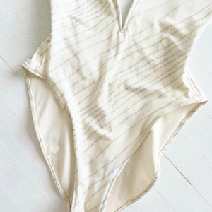 1980s Bill Blass White Striped High Cut Swimsuit with Ultra Low Neckline and Back image 2