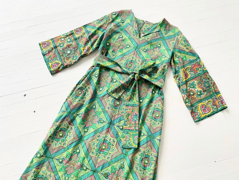 1970s Ramona Rull Green Printed Caftan Dress with Embellished Mirrors image 2