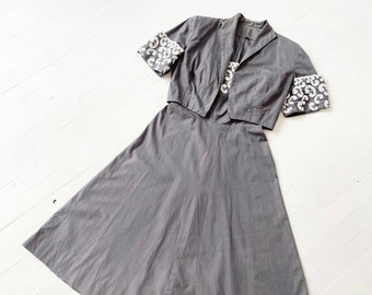 1950s Embroidered Charcoal Dress + Bolero Jacket