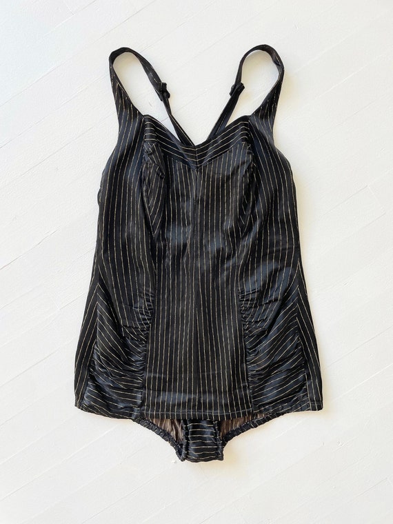 1970s Metallic Striped Black Halter Neck Swimsuit - image 3