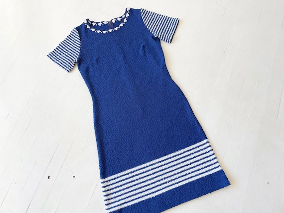 1960s Striped Cobalt Blue Bouclé Knit Dress - image 1