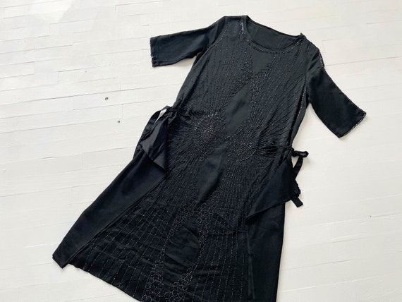 Vintage Beaded Black Rayon Crepe Dress - image 1