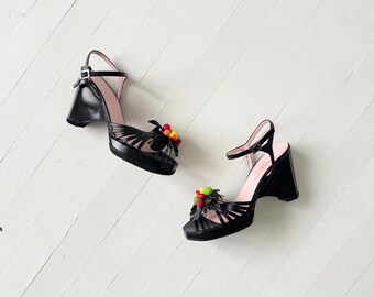 1990s Sonia Rykiel Mixed Fruit Black Leather Strappy Open Toe Wedge Heels