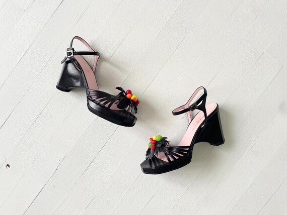 1990s Sonia Rykiel Mixed Fruit Black Leather Strappy Open