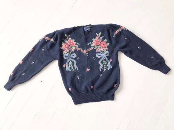 1980s Navy Embroidered Bouquet Sweater