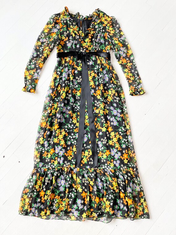 1960s Dark Floral Chiffon Maxi Dress - image 3