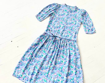 1980s Belle France Blue Printed Rayon Crepe Dress