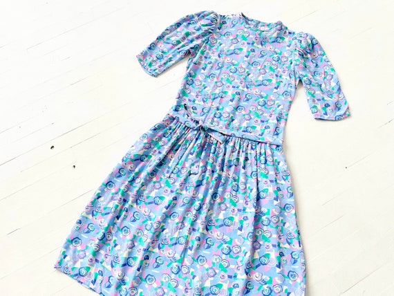 1980s Belle France Blue Printed Rayon Crepe Dress - image 1