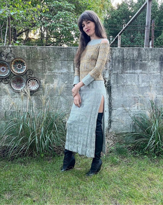 Late 1960s Rudi Gernreich Metallic Gold + Silver Wool Knit Dress