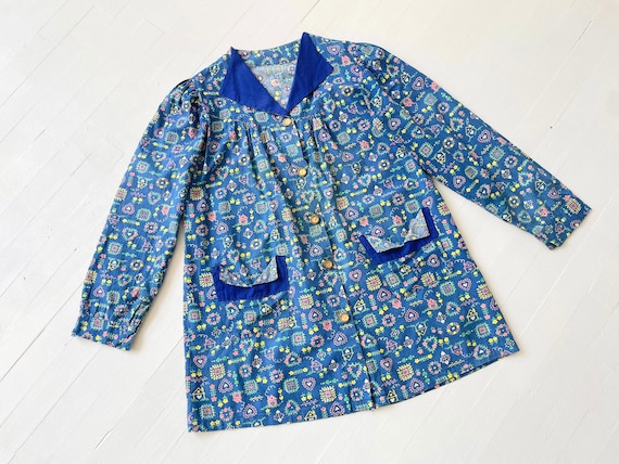 1950s Blue Novelty Print Cotton Smock - image 1